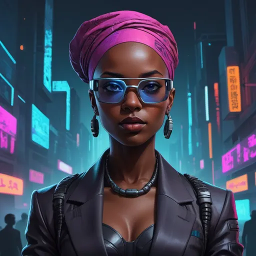 Prompt: cyberpunk, cute girl, dark skin, bald, headwrap, VR glasses, suit, highly stylized, detailed illustration, intense colors, futuristic, urban setting, digital art, retro-futuristic, high contrast, vibrant colors, gritty urban, professional artwork