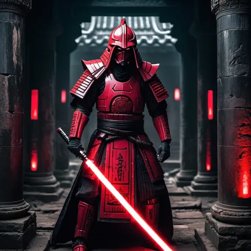 Prompt: Sith Lord Samurai wielding a crimson lightsaber, ancient temple ruins, intense and ominous atmosphere, high quality, detailed armor and robe, menacing gaze, traditional yet futuristic, dark and moody lighting, cinematic, epic, samurai, Sith, ancient ruins, crimson, detailed armor, menacing, intense, ominous atmosphere, high quality, dark and moody lighting