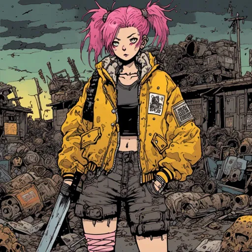 Prompt: woman with pink hair in two pigtails, wearing oversized yellow bomber jacket, combat boots, carrying a sword, nighttime setting, scrapyard background, in <mymodel> style