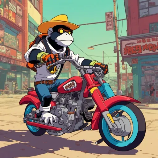 Prompt: monkey-like robot desperado, streetwear clothes, cowboy hat, riding a motorcycle <mymodel> 