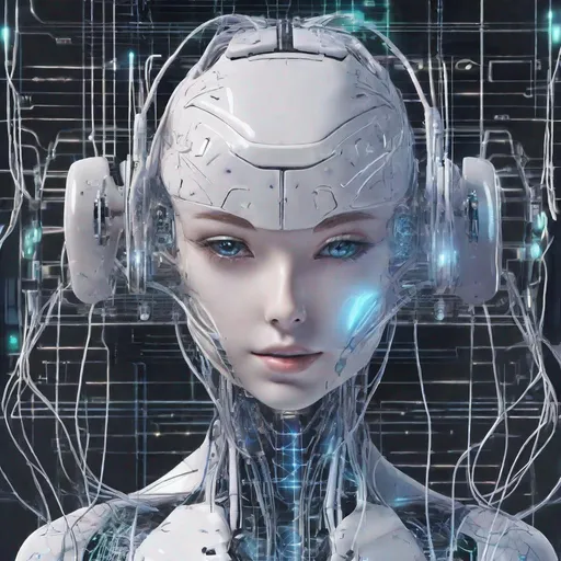 Prompt: anime AI worldmind, beautiful face, technological implants, advanced technology, grid, wires, circuits