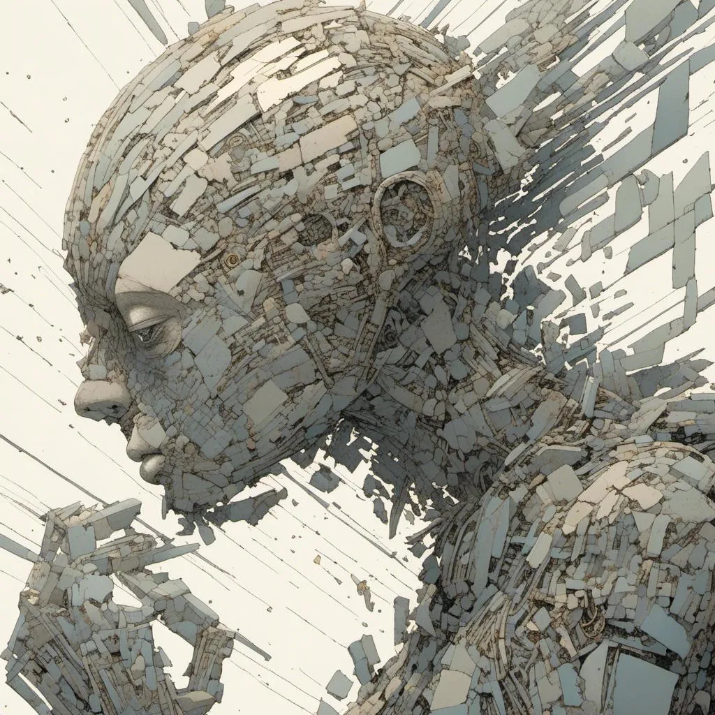 Prompt: <mymodel>Fragmented humanoid composed of discarded fractured realities, jagged crystalline structure, ethereal, highres, surreal, abstract, intricate details, fragmented composition, cool tones, ethereal lighting