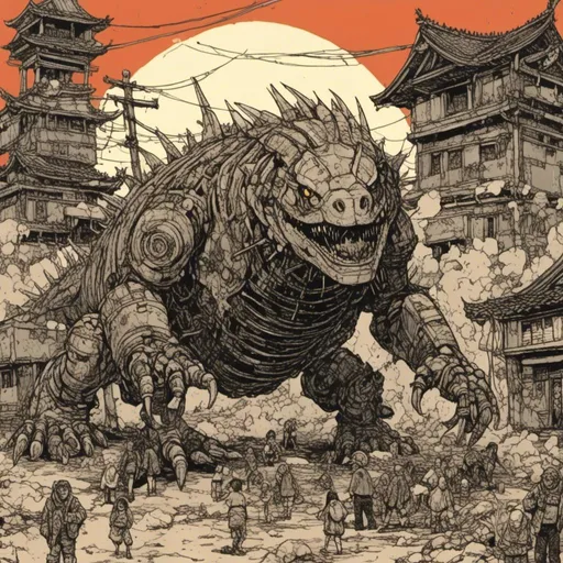 Prompt: gigantic robotic lizard attacking japanese village, desert setting, in <mymodel> style