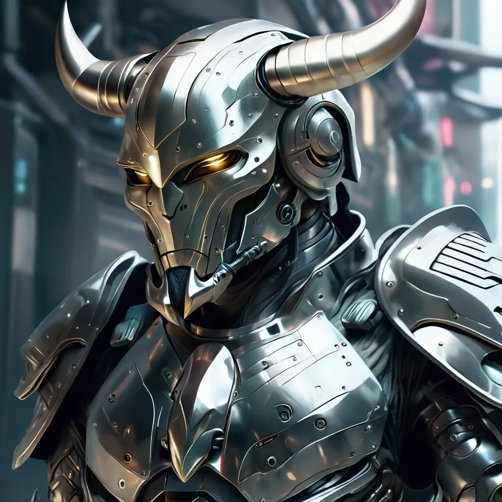 Prompt: Futuristic illustration of a foot soldier, metallic bull-shaped helmet, sci-fi armor, high-tech weaponry, detailed metallic textures, cool tones, highres, ultra-detailed, sci-fi, futuristic, detailed helmet, high-tech armor, cool tones, atmospheric lighting