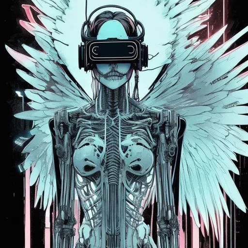 Prompt: illustration of an ethereal cyberpunk angel in skeletal form wearing black t-shirt and a vr headset, comic style ((tokyo ghost, sean murphy)), pastel color scheme, ethereal glow, dynamic pose, detailed, stylized