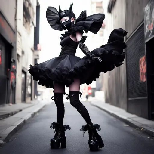 Prompt: anime Woman in a frilly black nylon dress, dynamic pose, hooded, wearing black face mask, black platform boots, urban street setting, high quality, detailed, urban fashion, mysterious atmosphere