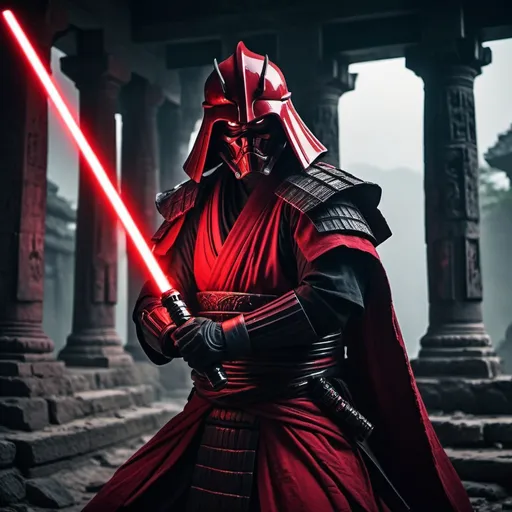 Prompt: Sith Lord Samurai wielding a crimson lightsaber, ancient temple ruins, intense and ominous atmosphere, high quality, detailed armor and robe, menacing gaze, traditional yet futuristic, dark and moody lighting, cinematic, epic, samurai, Sith, ancient ruins, crimson, detailed armor, menacing, intense, ominous atmosphere, high quality, dark and moody lighting