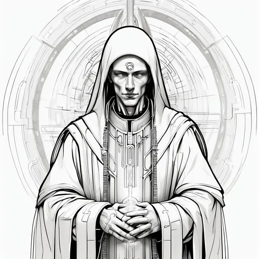 Prompt: aethereal priest hacker, cyber church,  spirtual, technological, futuristic, angelic, fine line drawing