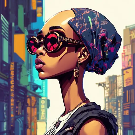 Prompt: full view, full body view, african american, cute girl, anime style, bald, headwrap, sunglasses, suit, highly stylized, highly stylized art style, exaggerated art style, cute art style, detailed illustration, urban setting, digital art, vivid colors, high contrast, gritty urban, professional artwork