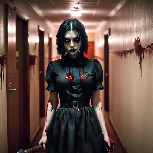 Prompt: Creepy axe-wielding goth girl in a motel hallway, eerie lighting, horror, dark tones, detailed facial features, gritty and unsettling, high quality, realistic, horror, dark, detailed eyes, blood splatters, vintage, atmospheric lighting