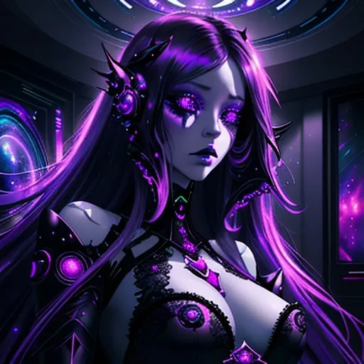 Prompt: Emo space princess, indoor setting, digital art,  futuristic gothic aesthetic, ethereal, cool purples and blacks, detailed lace and velvet textures, long flowing hair, piercing gaze, cosmic background, galaxy-inspired makeup, best quality, highres, digital art, gothic, futuristic, ethereal lighting, detailed textures, cosmic vibes