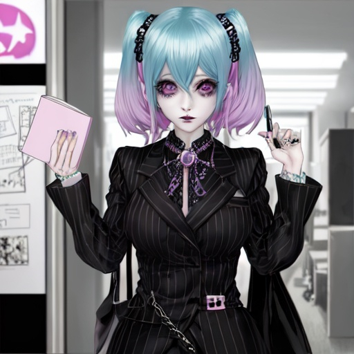 Prompt: anime, pastel goth crime boss, fine line, office setting