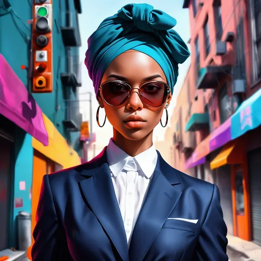 Prompt: cute girl, dark skin, bald, headwrap, VR sunglasses, suit, detailed illustration, intense colors, urban setting, digital art, high contrast, gritty urban, professional artwork