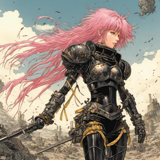Prompt: <mymodel>warrior with gold and black armor, female, pink hair under a helmet, badass, battlefield setting