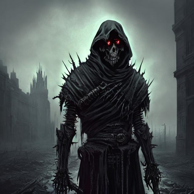 Prompt: Ghoulish dystopian military templar, digital painting, eerie fog enveloping the scene, tattered black cloak billowing, skeletal armor with glowing runes, haunting red eyes piercing through the darkness, post-apocalyptic setting, highres, detailed, digital painting, eerie, haunting, dystopian, skeletal armor, glowing runes, post-apocalyptic, foggy atmosphere, red eyes, tattered cloak, military, templar