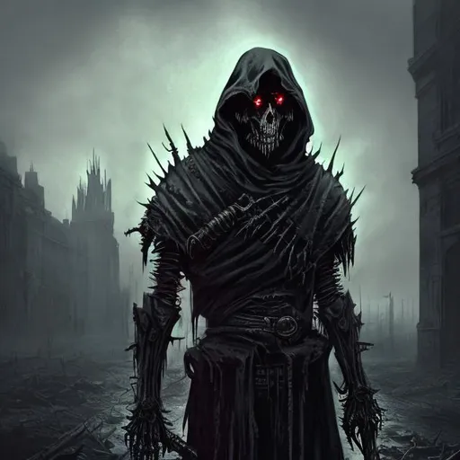 Prompt: Ghoulish dystopian military templar, digital painting, eerie fog enveloping the scene, tattered black cloak billowing, skeletal armor with glowing runes, haunting red eyes piercing through the darkness, post-apocalyptic setting, highres, detailed, digital painting, eerie, haunting, dystopian, skeletal armor, glowing runes, post-apocalyptic, foggy atmosphere, red eyes, tattered cloak, military, templar