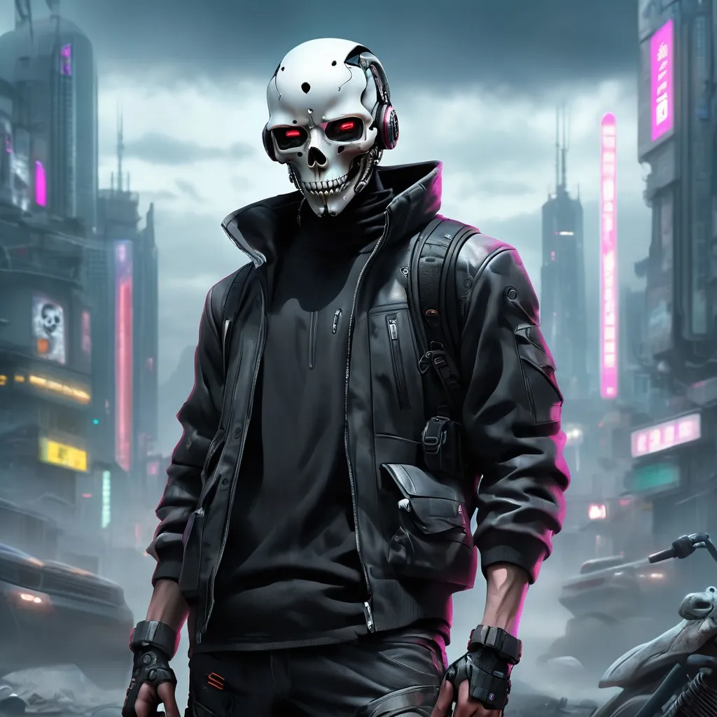 Prompt: full view, full body view, 
cyberpunk young man, skull face mask, sci-fi, urban landscape, 4k ultra-detailed, cyberpunk, futuristic, dynamic pose