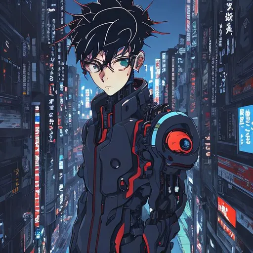 Prompt: full view, full body view, view from above, Cute male cyborg in Evangelion art style, black-blue hair, Tokyo street, highres, detailed, anime, futuristic, cybernetic, urban, cool tones, detailed hair, professional, atmospheric lighting