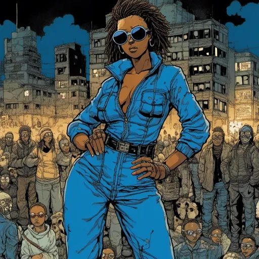 Prompt: young African American woman, wearing a blue jumpsuit, oval shaped sunglasses, tough and imposing, nighttime setting, crowded urban background, in <mymodel> style