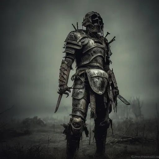 Prompt: Rotted ancient warrior, decaying armor, haunted battlefield, eerie atmosphere, dark and moody, dramatic lighting, weathered, haunting, mysterious, high quality, ancient warrior, decaying armor, haunted, eerie, dark and moody, supernatural, dramatic lighting, weathered