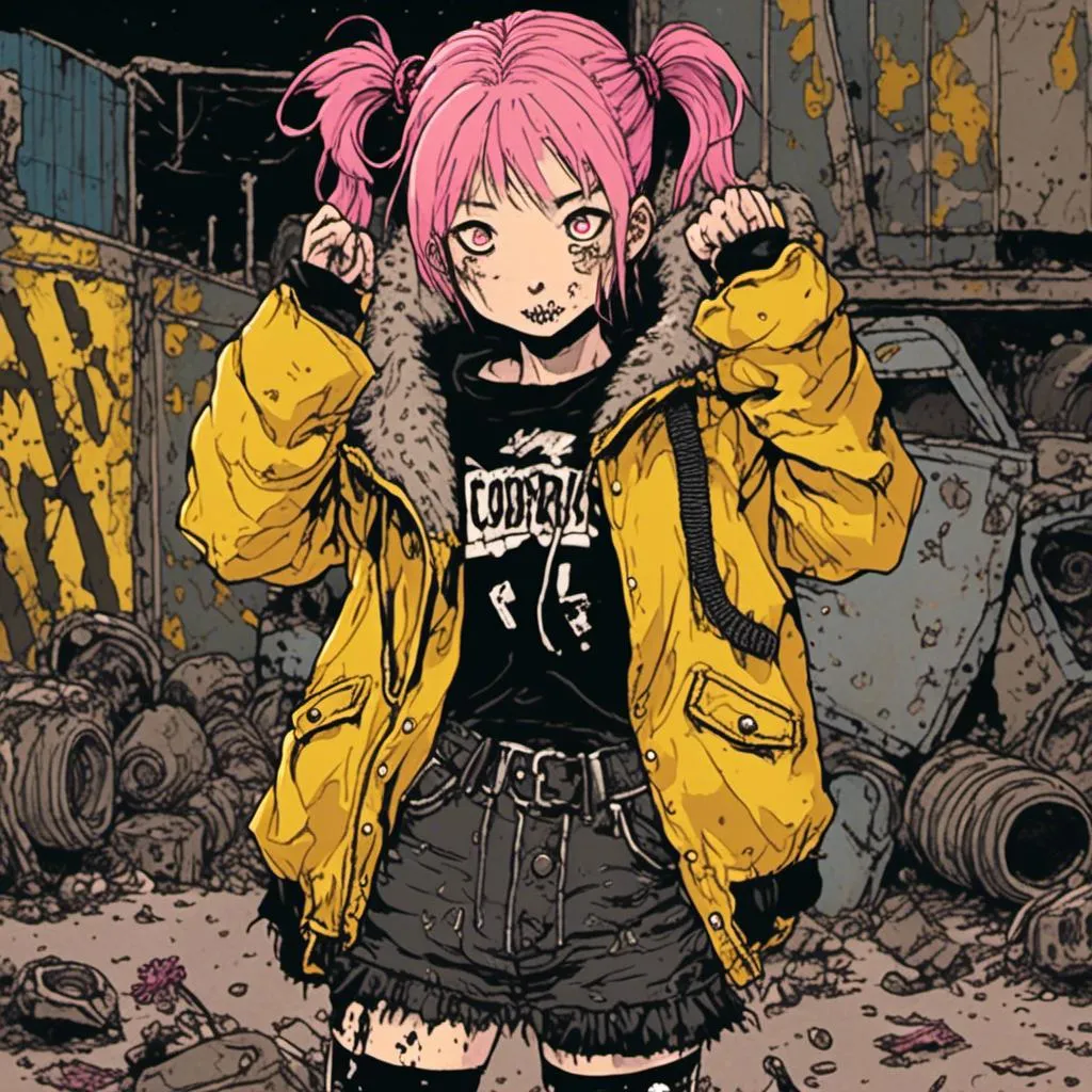 Prompt: woman with pink hair in two pigtails, wearing oversized yellow bomber jacket, combat boots, nighttime setting, scrapyard background, in <mymodel> style