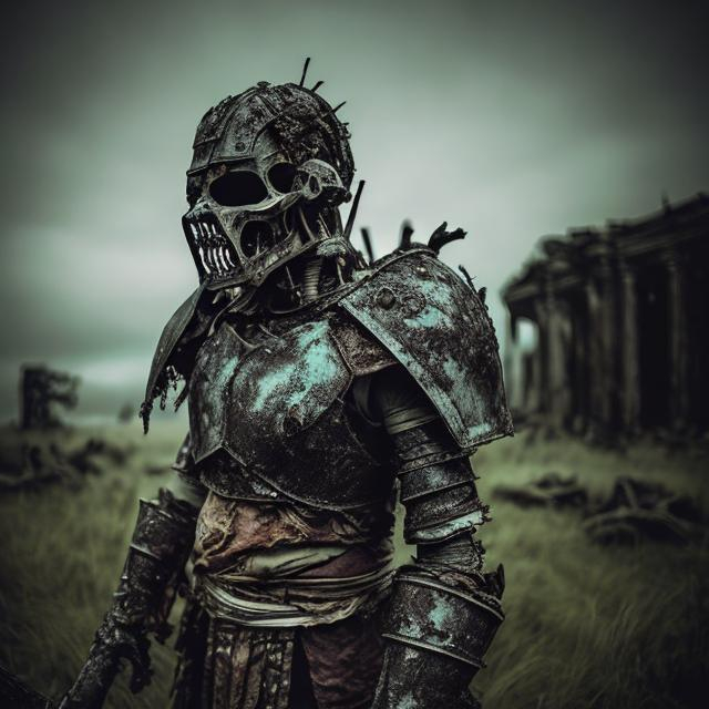 Prompt: Rotted ancient warrior, decaying armor, haunted battlefield, eerie atmosphere, dark and moody, dramatic lighting, weathered, haunting, mysterious, high quality, ancient warrior, decaying armor, haunted, eerie, dark and moody, supernatural, dramatic lighting, weathered