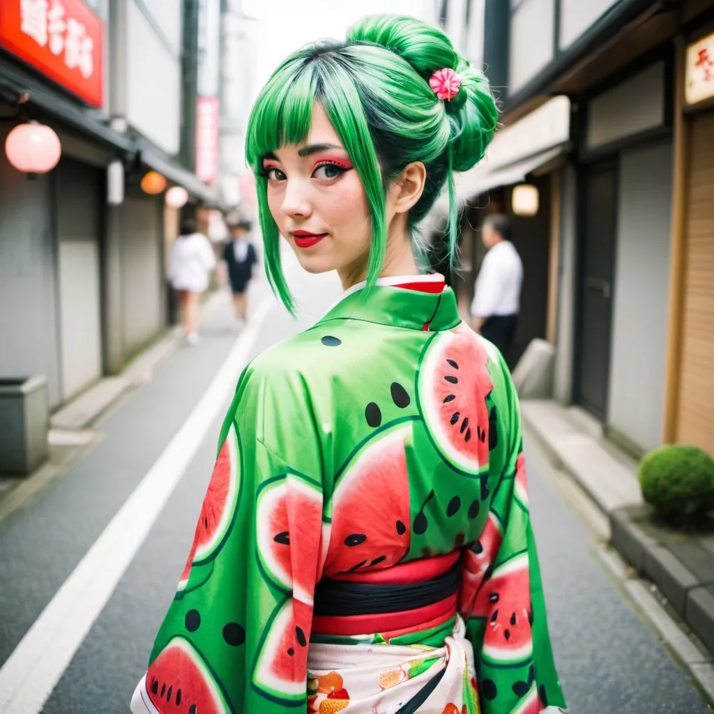 Prompt: cartoonish anime woman, kimono with watermelon print, green hair, kimono, tokyo street