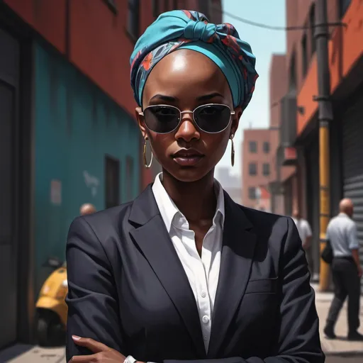 Prompt: cute girl, dark skin, bald, headwrap, VR sunglasses, suit, detailed illustration, intense colors, urban setting, digital art, high contrast, gritty urban, professional artwork