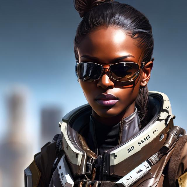 Prompt: sleek brown-skinned woman, Apex Legends character, stylish shades, ammo belt, high quality, ultra-detailed, professional, cool tones, futuristic, intense lighting, detailed facial features, futuristic fashion, cool looking, futuristic stadium in background