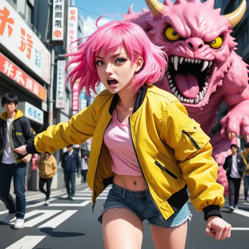 Prompt: Anime cartoon style, bright colors, pink haired anime woman wearing a yellow bomber jacket fighting a monster, tokyo street, action scene