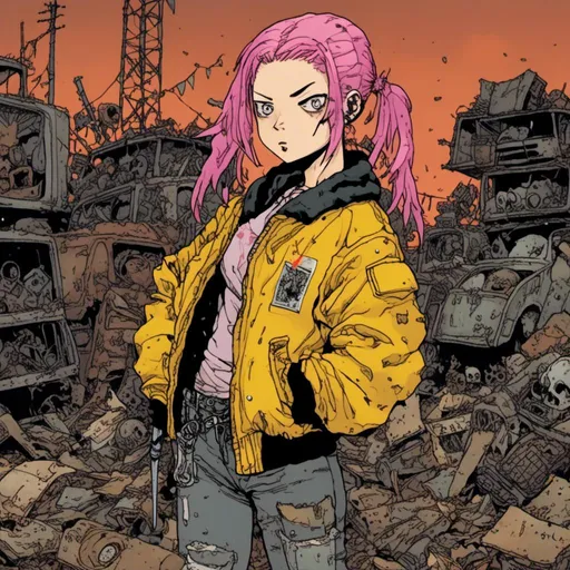 Prompt: woman with pink hair in two pigtails, wearing oversized yellow bomber jacket, combat boots, carrying a sword, nighttime setting, scrapyard background, in <mymodel> style