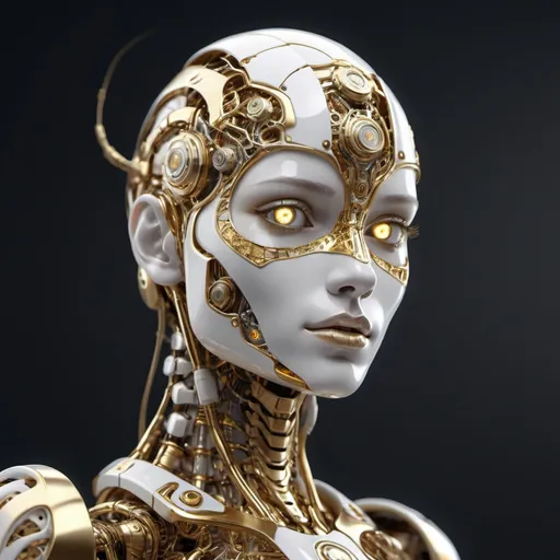 Prompt: complex 3D render of a beautiful porcelain robot, gold accents, fractal veins. glowing diode eyes, athereal cyborg, 1 5 0 mm, beautiful natural soft light, gold accents, anatomical, glass, facial muscles, elegant, ultra detailed, metallic armor, octane render, depth of field, industrial setting