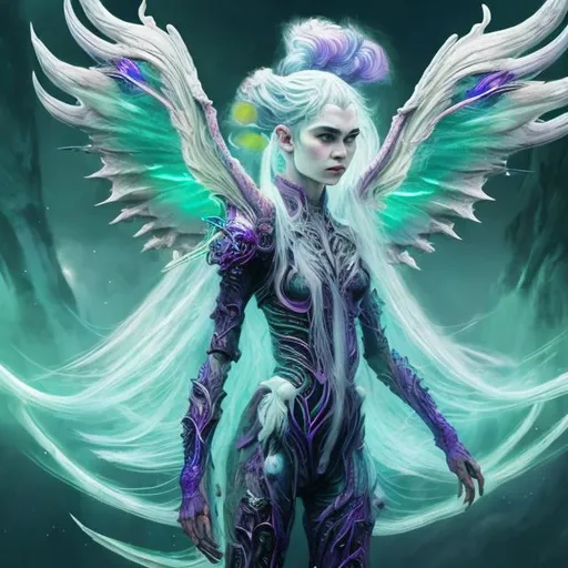 Prompt: Full body view of Grimes as a futuristic Elden Ring character, ethereal, multicolor hair, angel wings, high detail, vibrant colors, fantasy art, futuristic, angelic, surreal, otherworldly, detailed facial features, professional, atmospheric lighting, fantasy setting