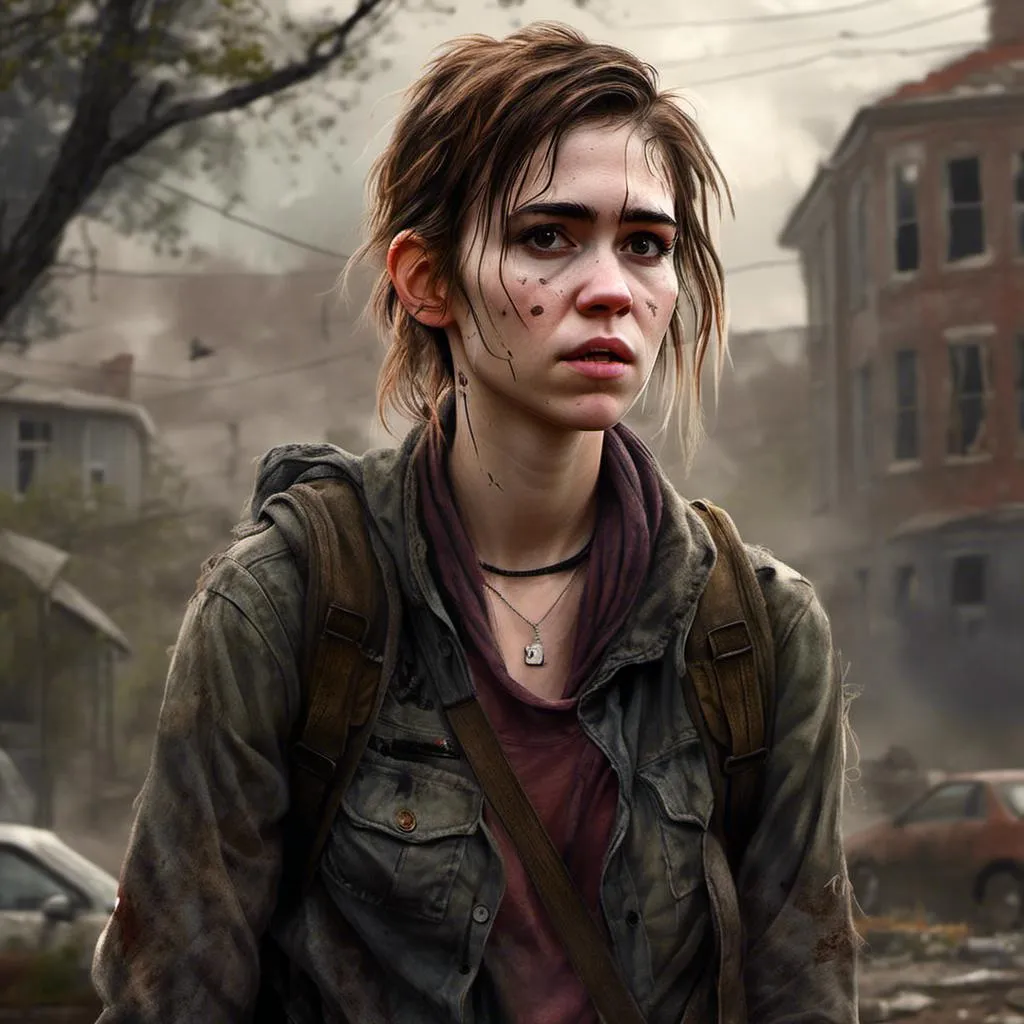 Prompt: <mymodel>Realistic digital painting of Ellie from The Last of Us, intense and determined expression, post-apocalyptic setting, detailed facial features, worn-out clothing, high quality, realistic, digital painting, post-apocalyptic, intense expression, determined, detailed facial features, worn-out clothing, atmospheric lighting