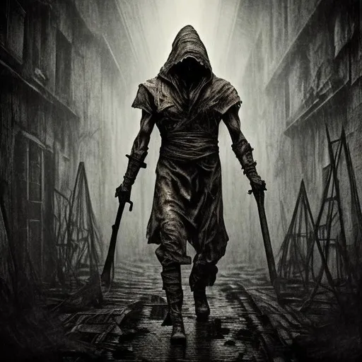 Prompt: Detailed, high-res digital artwork of Pyramid Head, dark and eerie atmosphere, rusty metal textures, horror genre, intense and menacing presence, haunting and unsettling, cool-toned lighting, foggy environment, cinematic quality, horror, intimidating, rusty metal, eerie atmosphere, menacing presence, detailed, atmospheric lighting, foggy, high-res, digital art