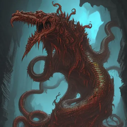 Prompt: towering malformed serpent demon, inferno, corrupted rotting dungeon setting