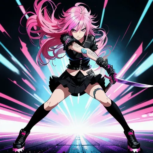 Prompt: full view, full body view, cute anime girl with a sword, punk style street clothes, vibrant colors, detailed eyes, flowing hair, dynamic pose, 4k, ultra-detailed, anime, vibrant, detailed eyes, flowing hair, dynamic pose, professional, atmospheric lighting