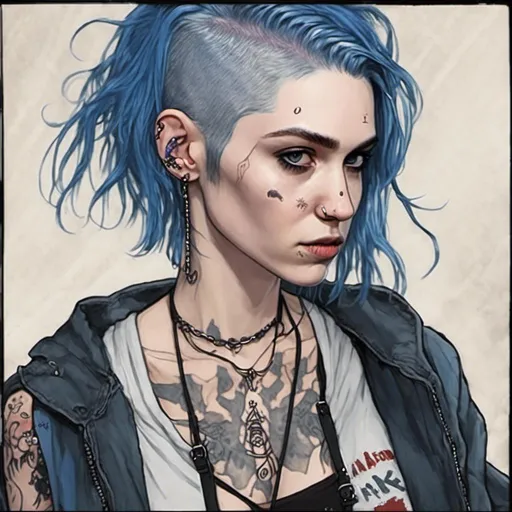 Prompt: female assassin in <mymodel>  artstyle, short blue hair shaved on sides, alabaster skin, tattoos, streetstyle clothes, cyberpunk aesthetic
