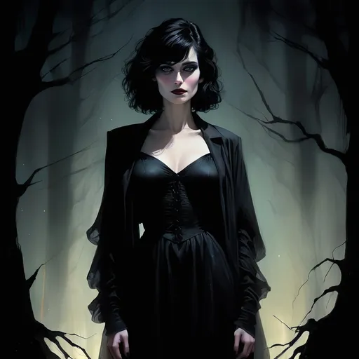 Prompt: full view, standing, full body view, illustration of a pitch darkness portrait, eighties goth, inspired by neil gaiman, mysterious woman, layers of darkness, subtle hints of color, symbolism, sensual, hidden, atmospheric, impressionistic, film noir, abstract nature backround