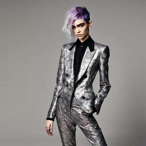 Prompt: full view, full body view, <mymodel>Professional portrait of unisex hair style, Balenciaga suit, confident expression, non-binary, luxury fashion, high-end material, detailed design, science fiction influence, high quality, realistic, luxury, professional, elegant, formal attire, unisex haircut, tailored suit, designer fashion, confident gaze, high-end fabric, neutral tones, crisp lighting