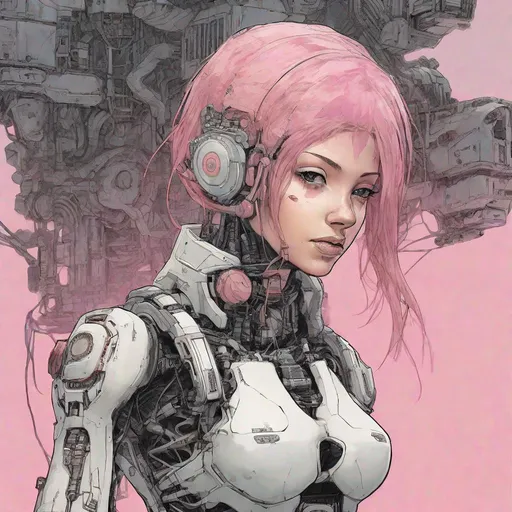 Prompt: fine line manga illustration, bio-engineered woman with pink hair, technological enhancements, barren wasteland setting