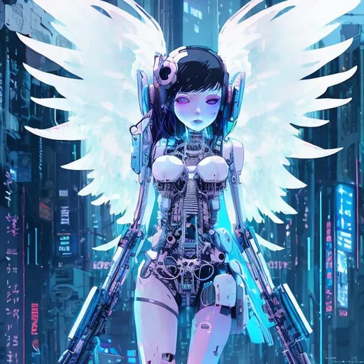 Prompt: ethereal cyberpunk angel, full body view, petite 21 year old anime girl, comic style((tokyo ghost, sean murphy)), vr headset, skeletal form, cute, highly stylized artstyle, messy abstract background, wide view, digital illustration, ultra hd, extreme long shot, telephoto lens, motion blur, wide angle lens, deep depth of field, deep blue color scheme, pastel color scheme