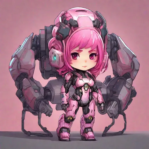 Prompt: chibi manga woman with pink hair, bio-mech suit