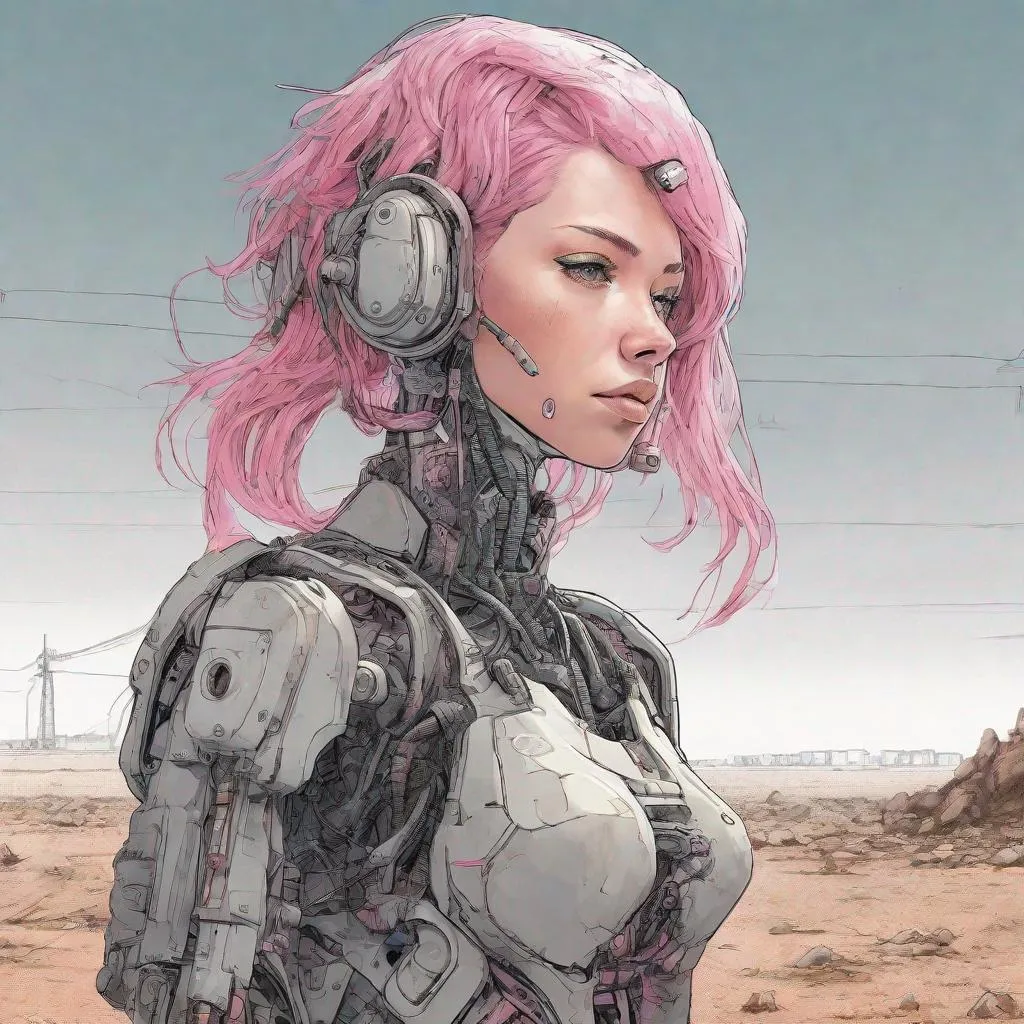 Prompt: fine line manga illustration, bio-engineered woman with pink hair, technological enhancements, barren wasteland setting