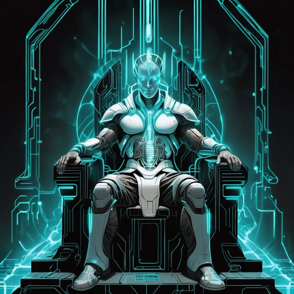 Prompt: aethereal cyber god, futuristic, luminescent, sitting on cyber throne, fine line drawing