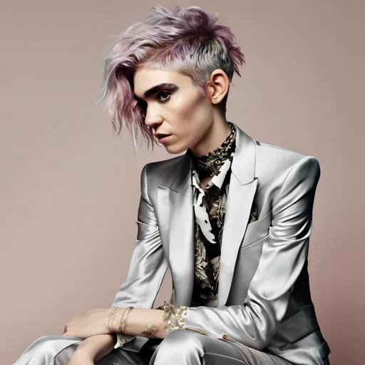Prompt: full view, full body view, <mymodel>Professional portrait of unisex hair style, haute couture suit, vogue magazine style photoshoot, non-binary, luxury fashion, high-end material, detailed design, high quality, realistic, luxury, professional, elegant, formal attire, unisex haircut, tailored suit, designer fashion, confident gaze, high-end fabric, neutral tones, crisp lighting