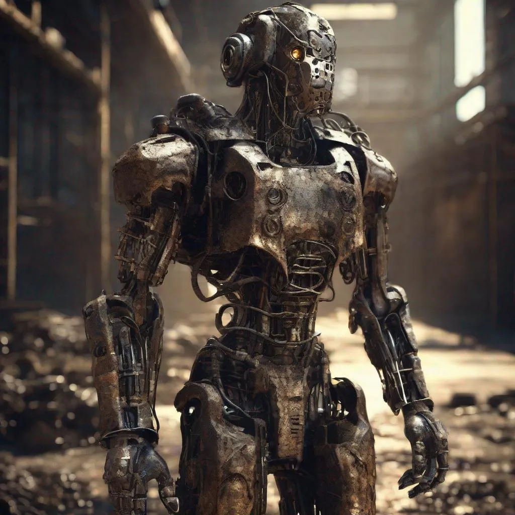 Prompt: Makeshift cyborg with piecemeal armor, gritty industrial setting, intense and dramatic lighting, metallic sheen, high-tech details, post-apocalyptic, detailed circuitry, rusty and worn textures, 3D rendering, dystopian, grungy aesthetic, heavy shadows, high contrast, dramatic atmosphere