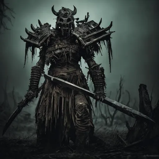 Prompt: Rotted ancient warrior, dark fantasy style, decayed armor and weaponry, eerie atmosphere, high quality, detailed, dark fantasy, ancient, decayed, intense lighting, ominous shadows, weathered and worn, haunting, intimidating presence, sinister color tones, dramatic, professional