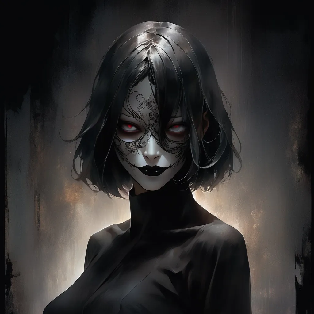 Prompt: full view, standing, full body view, illustration of a pitch darkness portrait, inspired by the sandman, Tokyo ghoul mask, mysterious woman, layers of darkness, subtle hints of color, symbolism, sensual, hidden, atmospheric, impressionistic, film noir, abstract backround