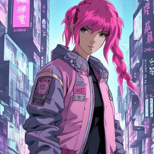 Prompt: ghost in the shell inspired, anime girl, pink hair, braids, bomber jacket, dynamic pose, urban setting
